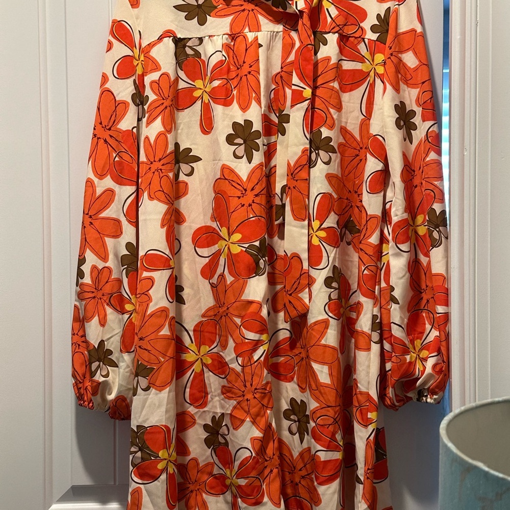 Floral Long-Sleeve Dress in Orange and Brown